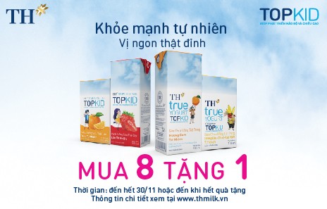 CHƯƠNG TRÌNH KHUYẾN MẠI MUA 8 TẶNG 1 – SỮA CHUA UỐNG TIỆT TRÙNG TH true YOGURT TOPKID VÀ SỮA TRÁI CÂY TH true JUICE MILK TOPKID